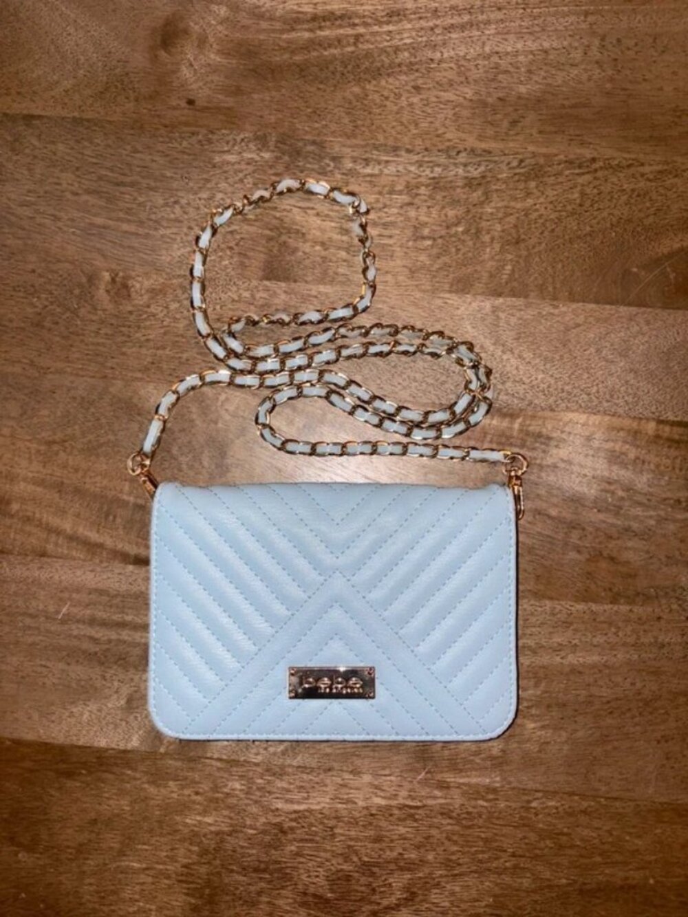bebe Quilted Light Blue Crossbody with Gold Chain